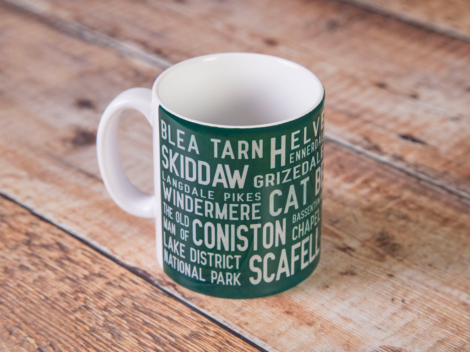 Lake District Places Mug - Off-white text on dark forest green